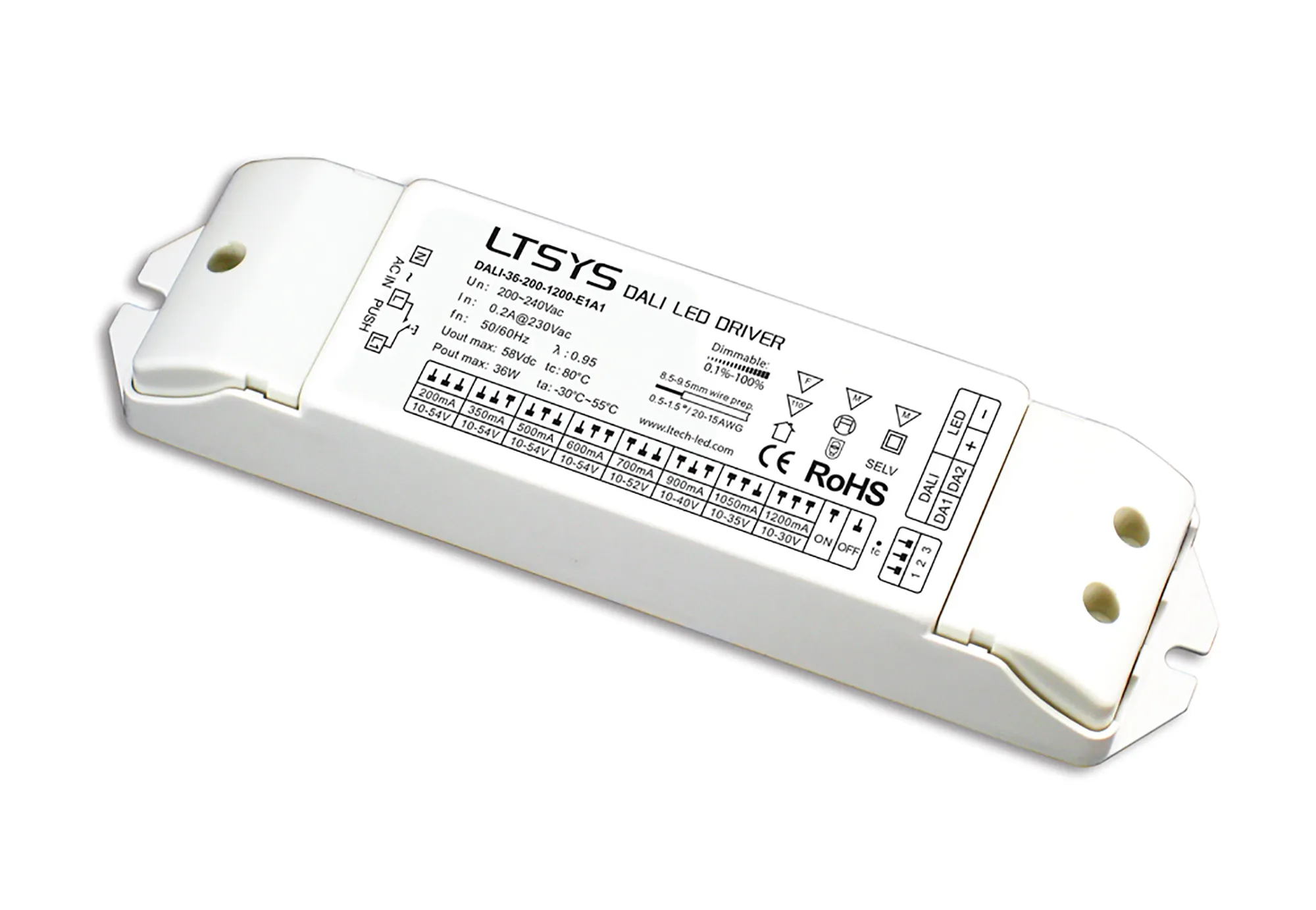DALI-36-200-1200-E1A1  DALI Push Dim PWM 2-36W Current Dimmable Driver DC:10-54V